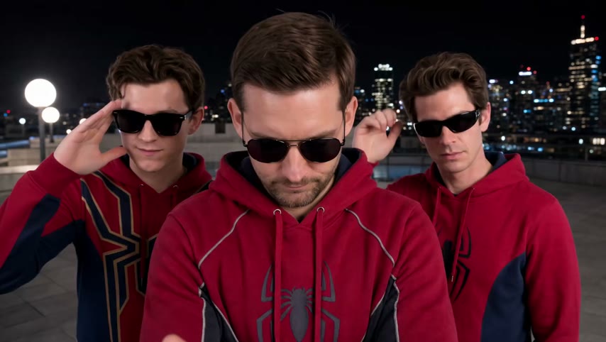 Three heroes in red hoodies above the city lights